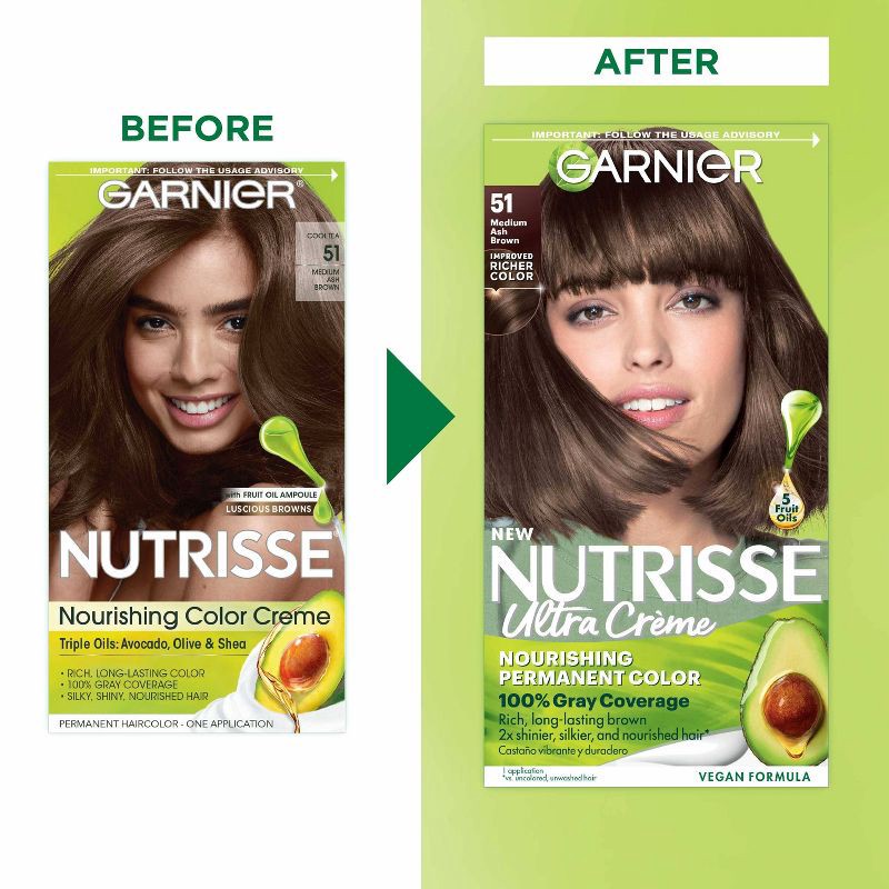 slide 9 of 9, Garnier Nutrisse Nourishing Permanent Hair Color Creme - 51 Medium Ash Brown, 1 ct