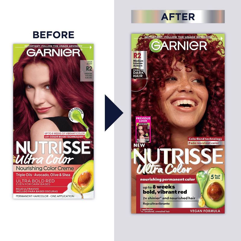 slide 12 of 14, Garnier Nutrisse Ultra Color Nourishing Color Creme - R2 Medium Intense Auburn, 1 ct