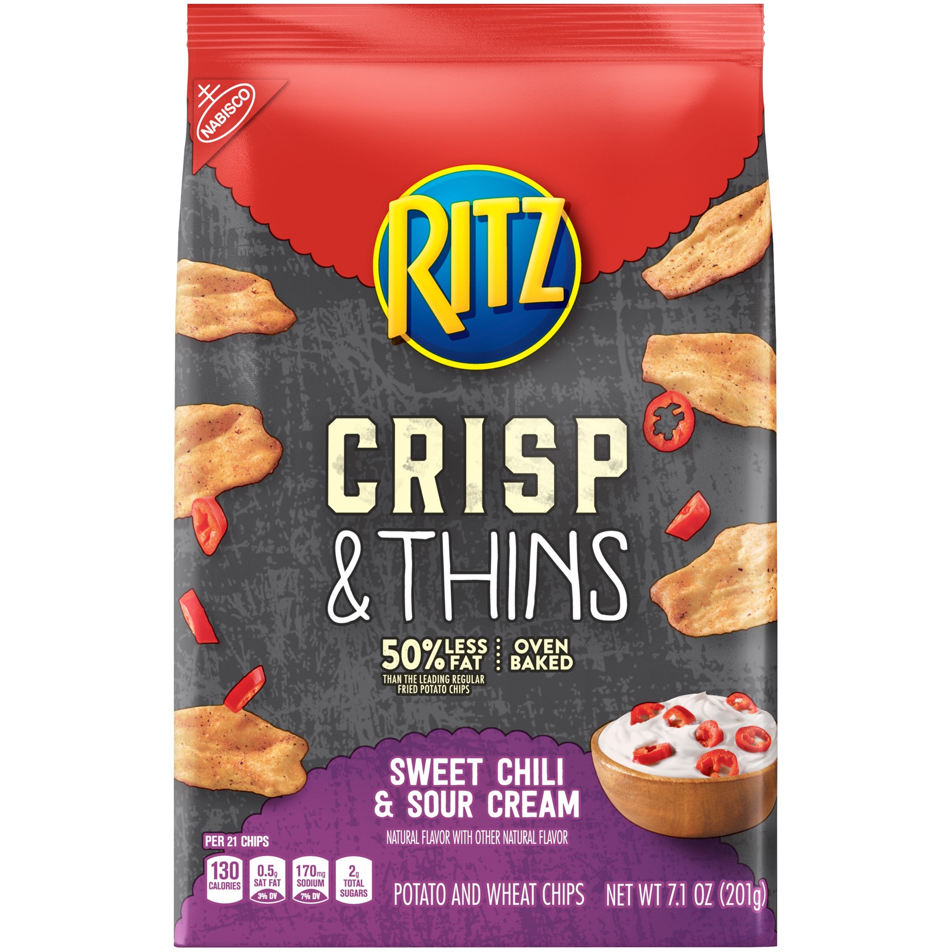 slide 1 of 5, Ritz Potato & Wheat Chips Crisp & Thins Oven Baked Not Fried Sweet Chili & Sour Cream, 7.1 oz