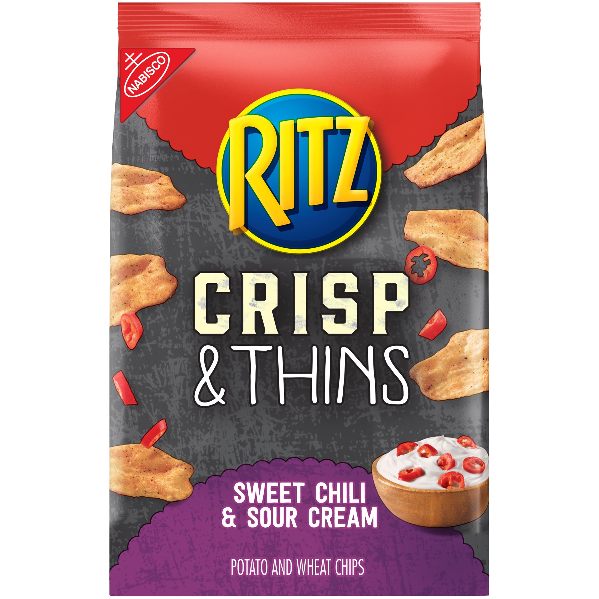 slide 1 of 5, Ritz Potato & Wheat Chips Crisp & Thins Oven Baked Not Fried Sweet Chili & Sour Cream, 7.1 oz