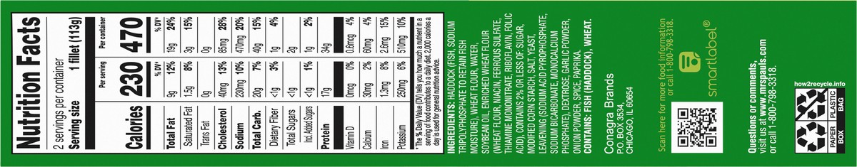 slide 5 of 7, Mrs. Paul's Lightly Breaded Haddock Fillets 2 ea, 2 ct