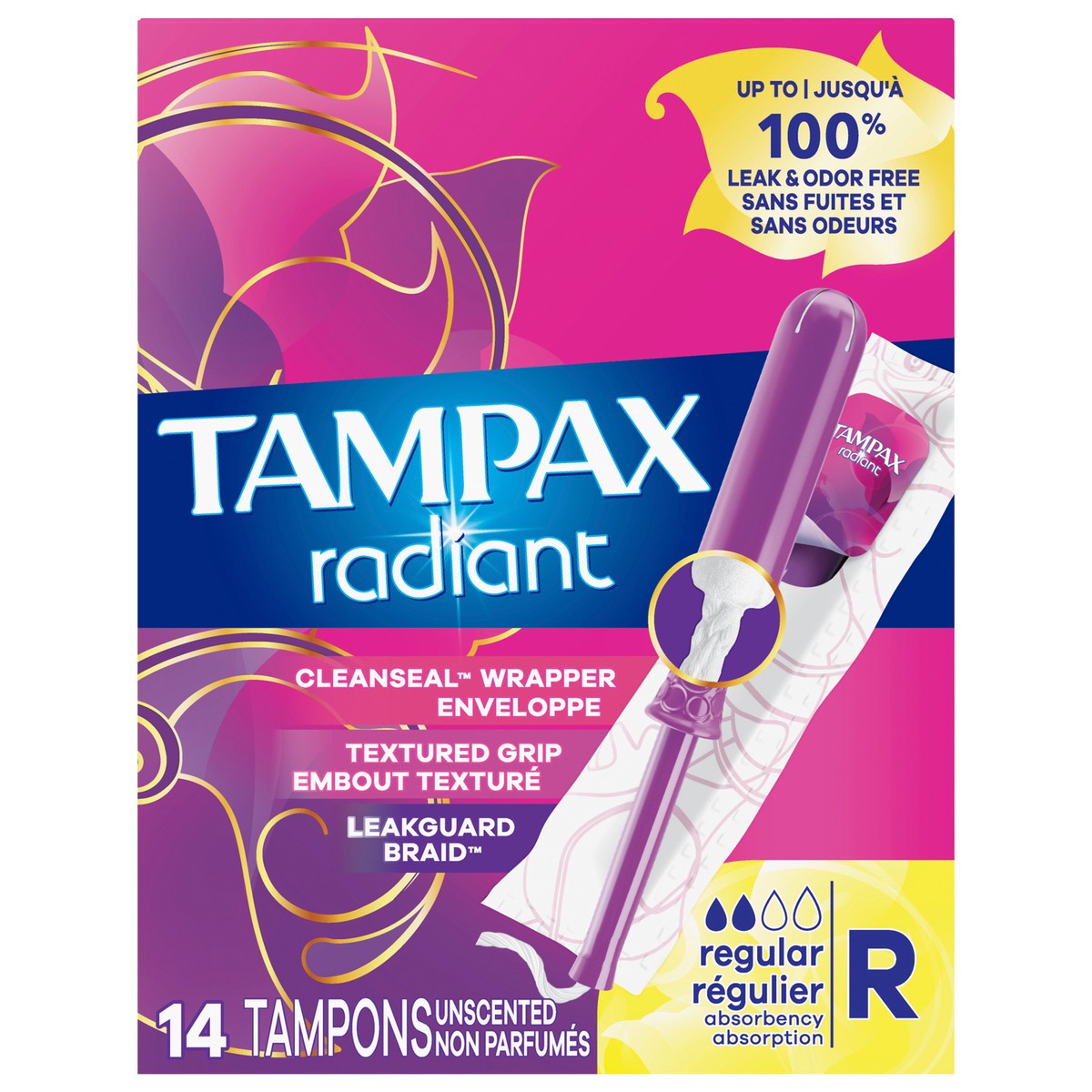 slide 2 of 7, Tampax Radiant Tampons Regular Absorbency with BPA-Free Plastic Applicator and LeakGuard Braid, Unscented, 14 Count, 14 ct