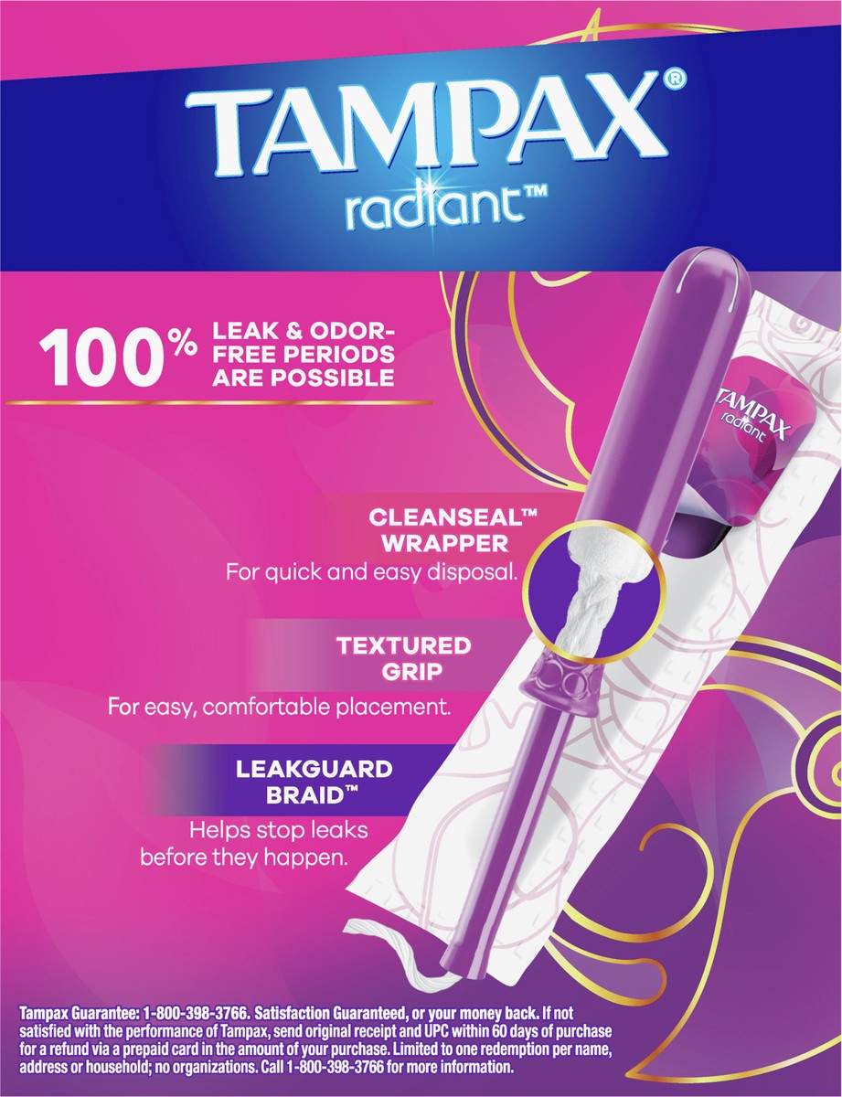 slide 5 of 7, Tampax Radiant Tampons Regular Absorbency with BPA-Free Plastic Applicator and LeakGuard Braid, Unscented, 14 Count, 14 ct