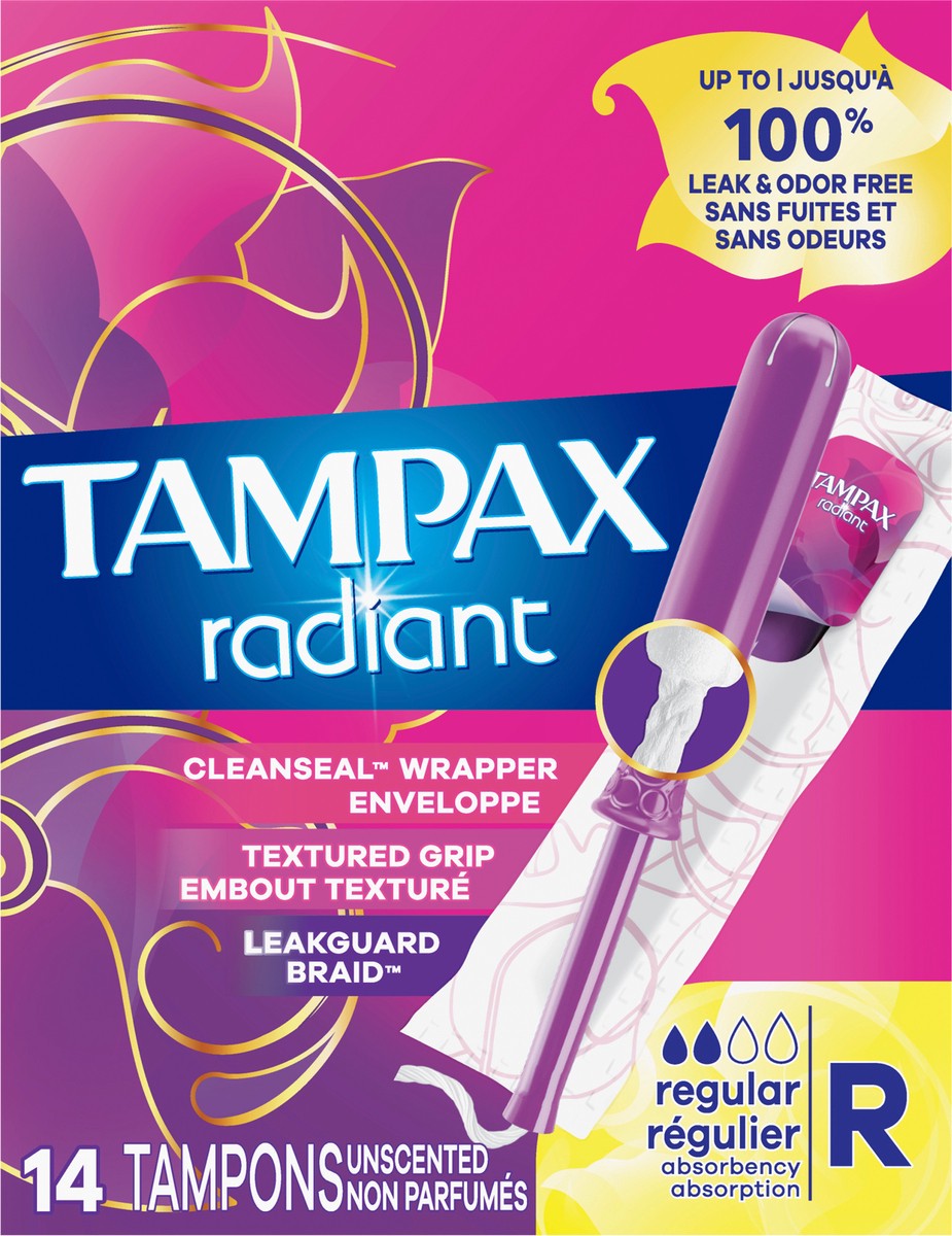 slide 6 of 7, Tampax Radiant Tampons Regular Absorbency with BPA-Free Plastic Applicator and LeakGuard Braid, Unscented, 14 Count, 14 ct