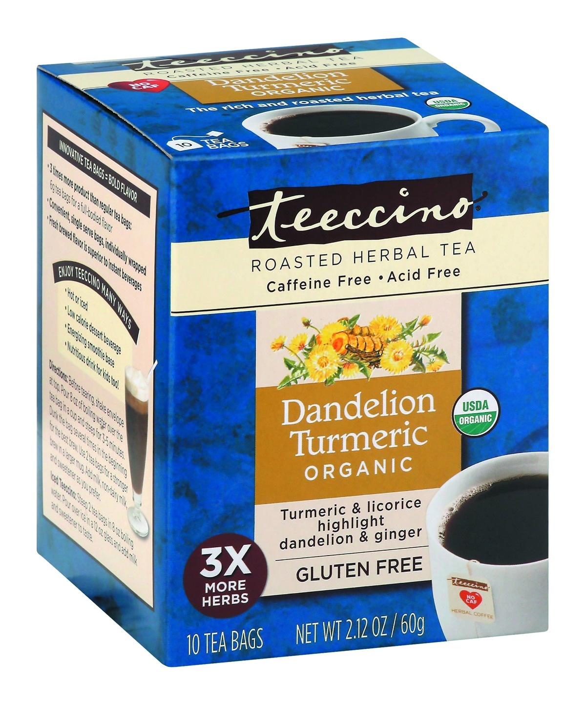 slide 1 of 1, Teeccino Herbal Tea Chicory Gluten Free Dandelion Turmeric Box, 10 ct