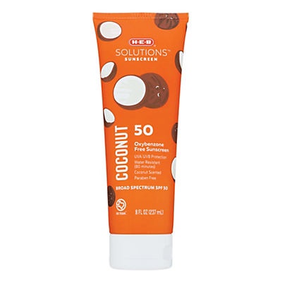 slide 1 of 1, H-E-B Solutions Oxybenzone Free SPF 50 Coconut Sunscreen, 8 oz