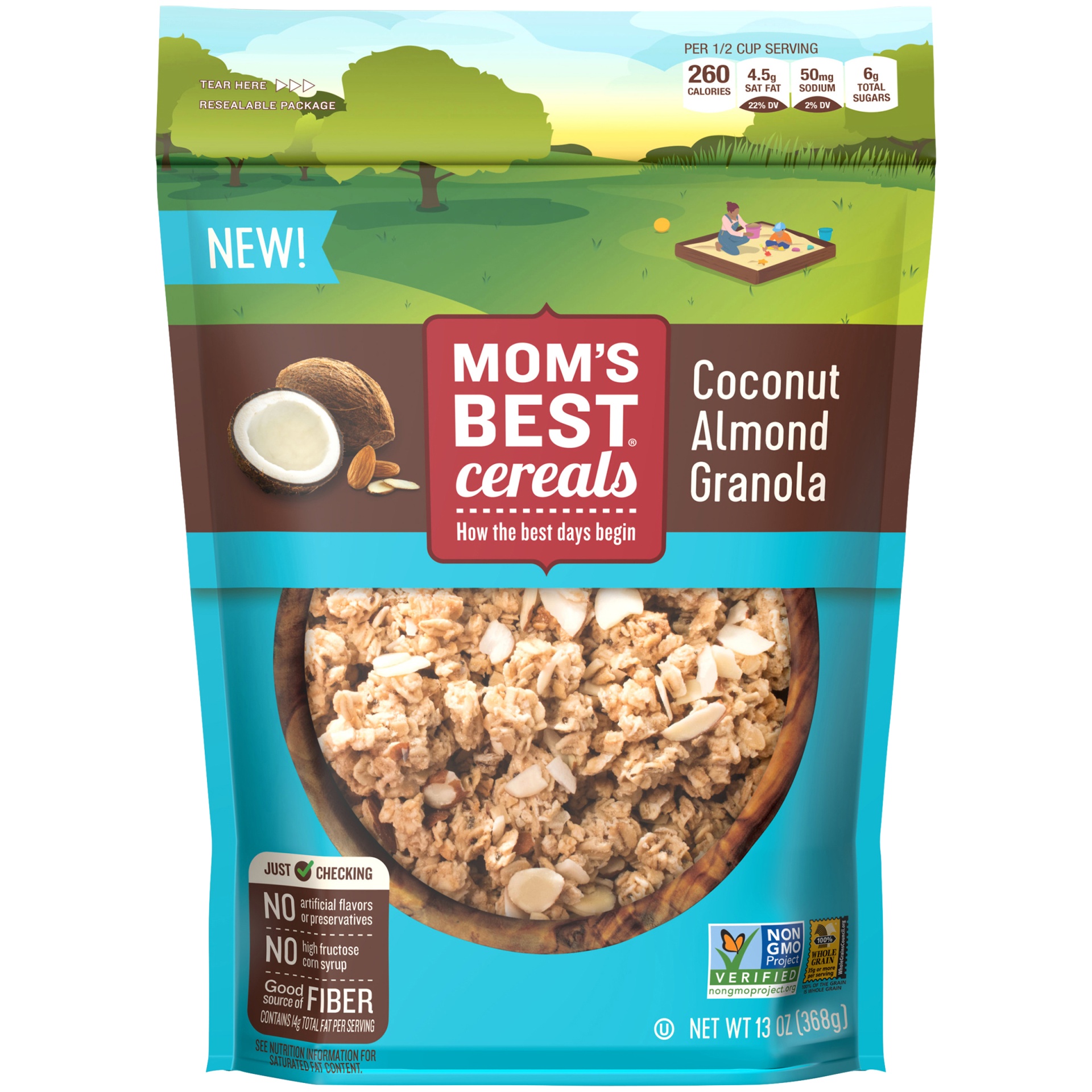 slide 1 of 1, Mom's Best Coconut Almond Granola, Made with Whole Grain, Non-GMO Project Verified, Kosher, No High Fructose Corn Syrup, 13 oz