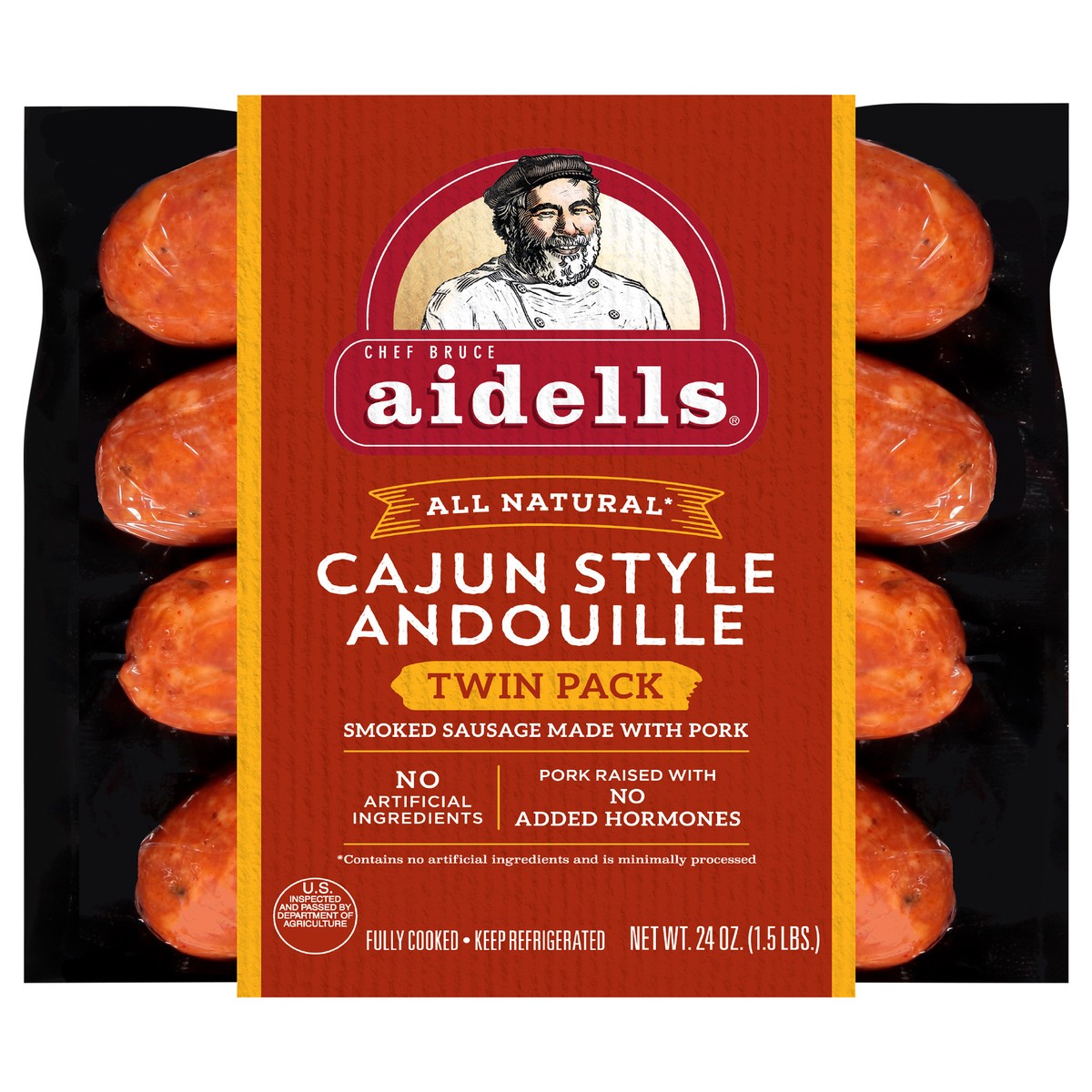 slide 4 of 6, Aidells Smoked Pork Sausage, Cajun Style Andouille, Twin Pack, 24 oz. (8 Fully Cooked Links), 680.39 g