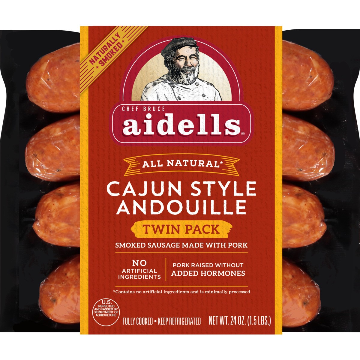 slide 1 of 6, Aidells Smoked Pork Sausage, Cajun Style Andouille, Twin Pack, 24 oz. (8 Fully Cooked Links), 680.39 g