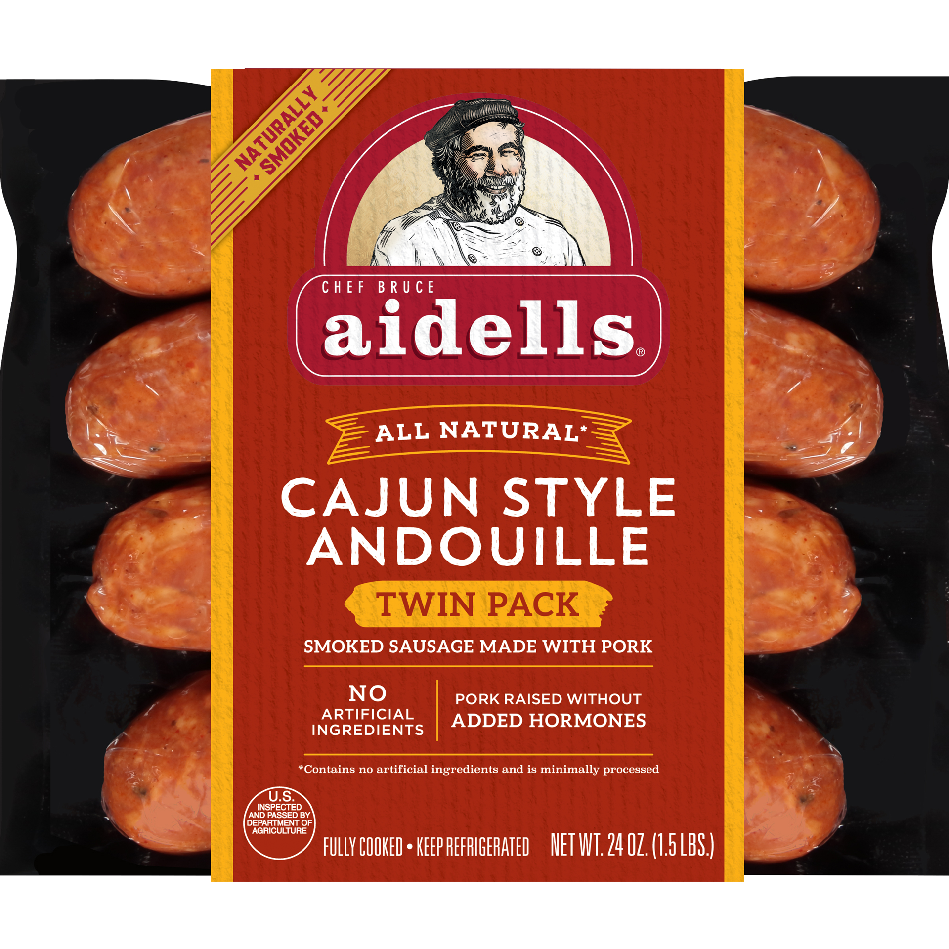 slide 1 of 6, Aidells Smoked Pork Sausage, Cajun Style Andouille, Twin Pack, 24 oz. (8 Fully Cooked Links), 680.39 g