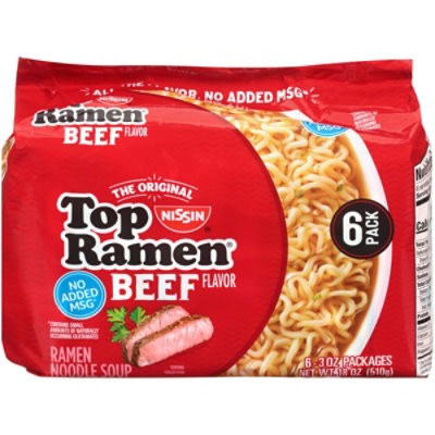 slide 1 of 1, Nissin Top Ramen Ramen Noodle Soup Beef Flavor - 6-3 Oz, 18 oz