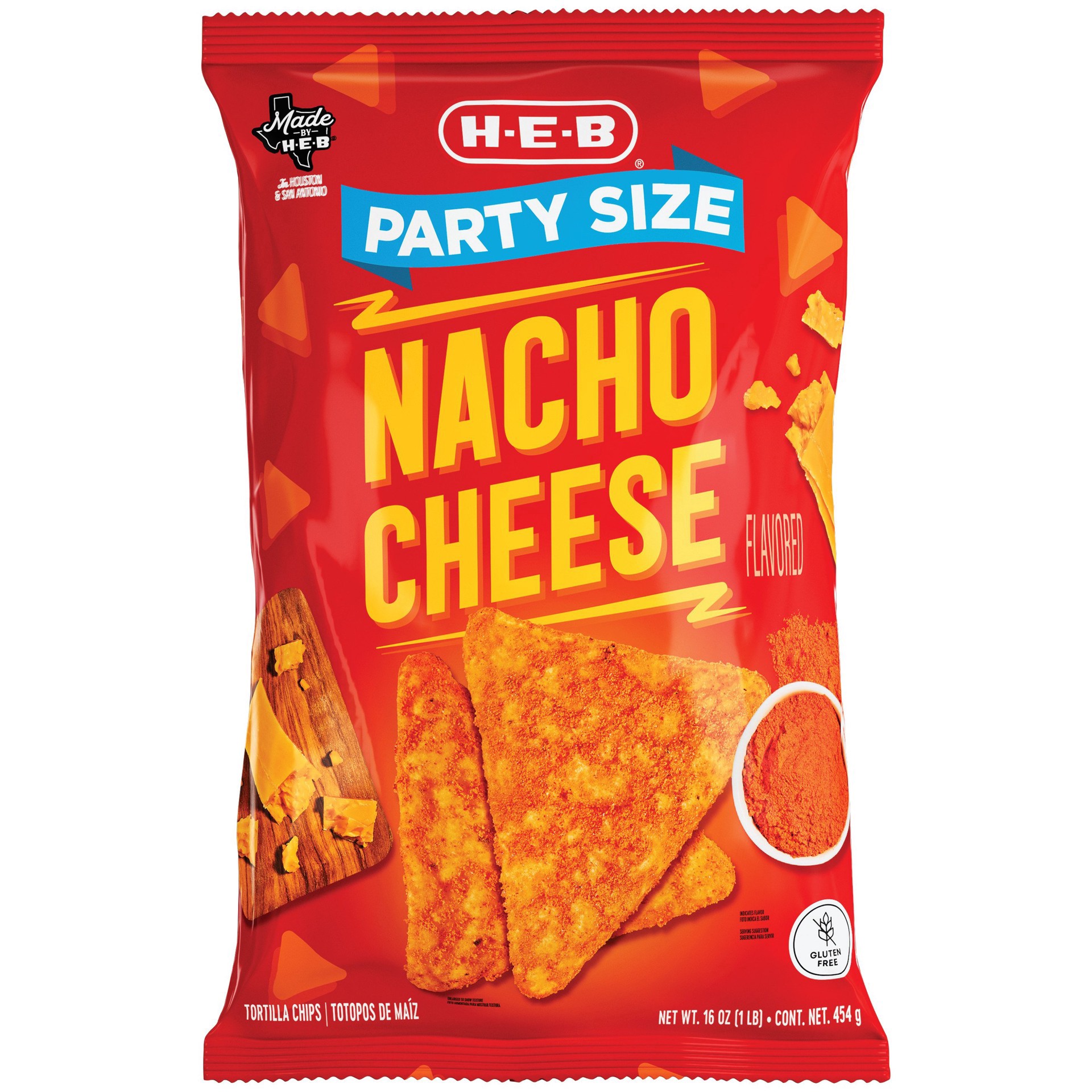 slide 1 of 1, H-E-B Nacho Cheese Flavored Tortilla Chips - Party Size, 16 oz