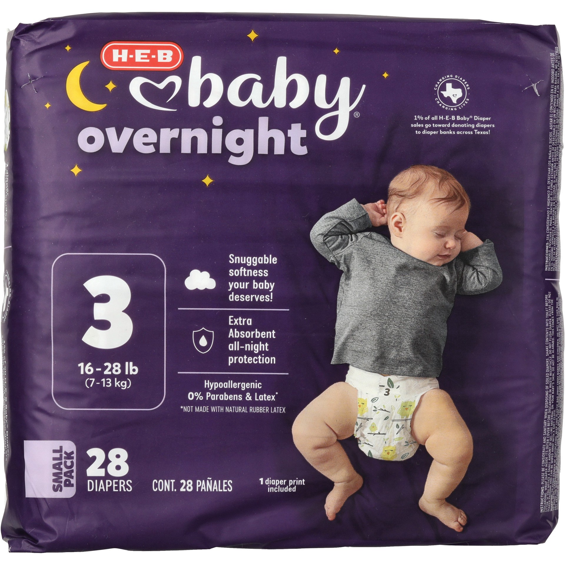 slide 1 of 1, H-E-B Baby Jumbo Overnight Diapers – Size 3, 28 ct