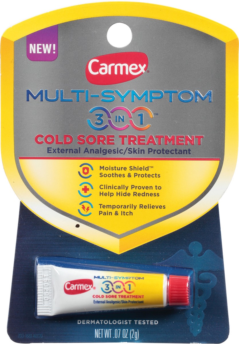 slide 7 of 12, Carmex Multi-Symptom 3 in 1 Cold Sore Treatment 0.07 oz, 0.07 oz
