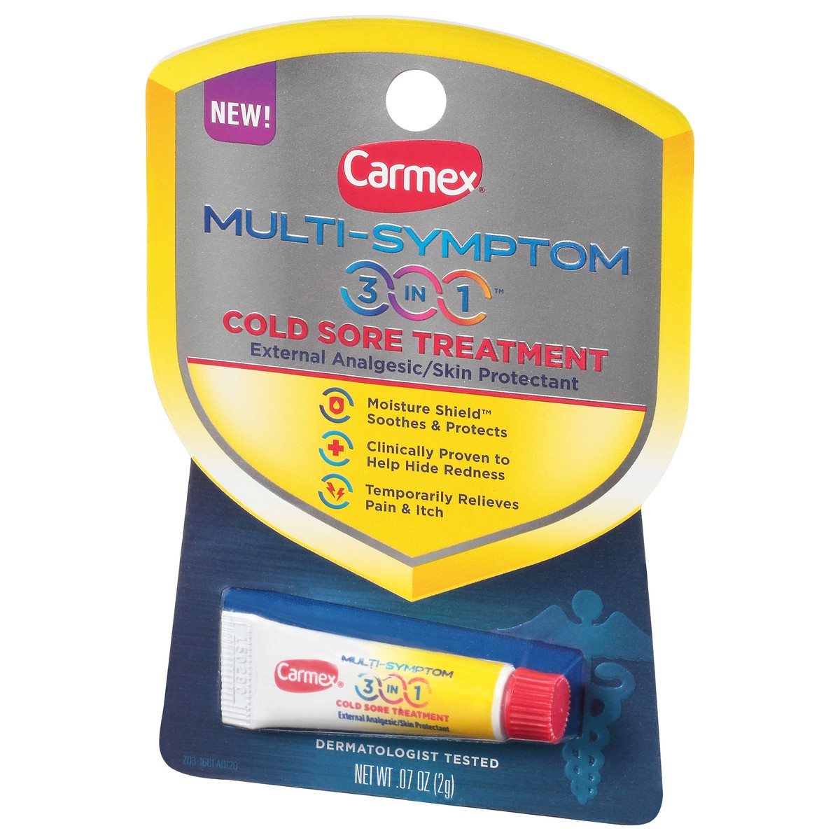 slide 2 of 12, Carmex Multi-Symptom 3 in 1 Cold Sore Treatment 0.07 oz, 0.07 oz