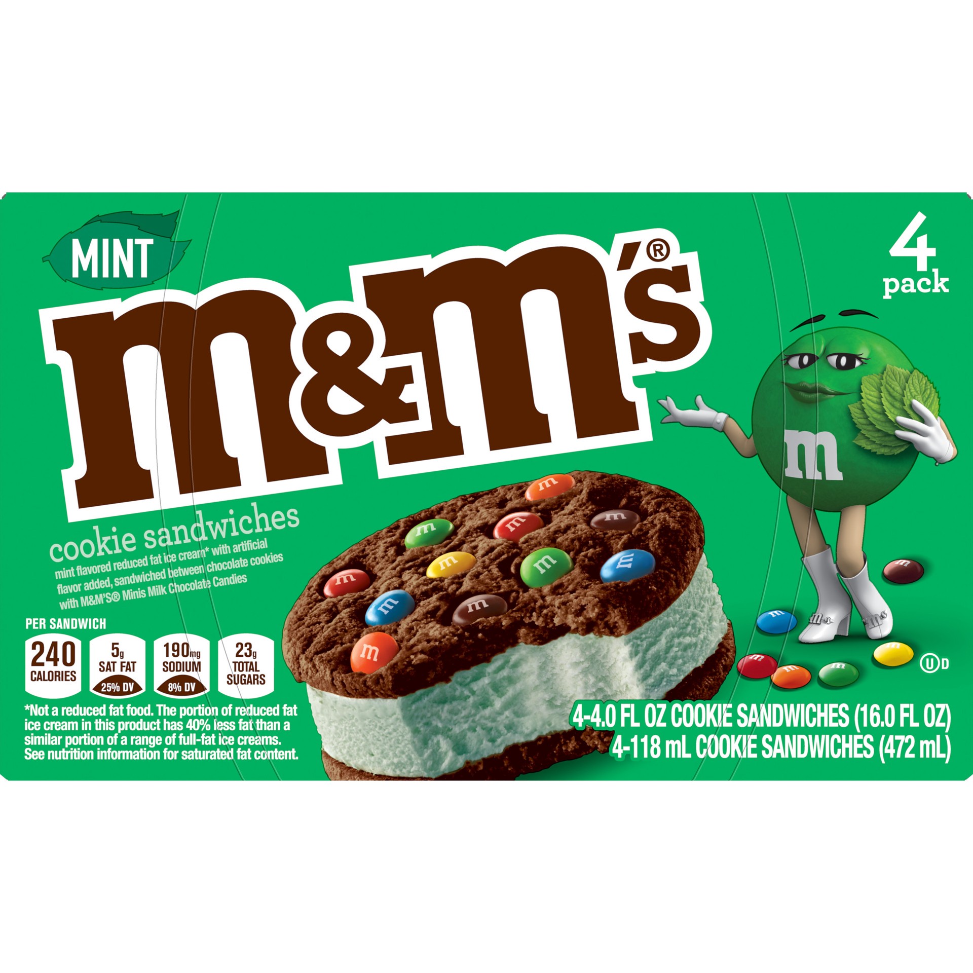 slide 1 of 4, M&M's Mint Ice Cream Cookie Sandwiches, 4 Ct Box, 16 fl oz