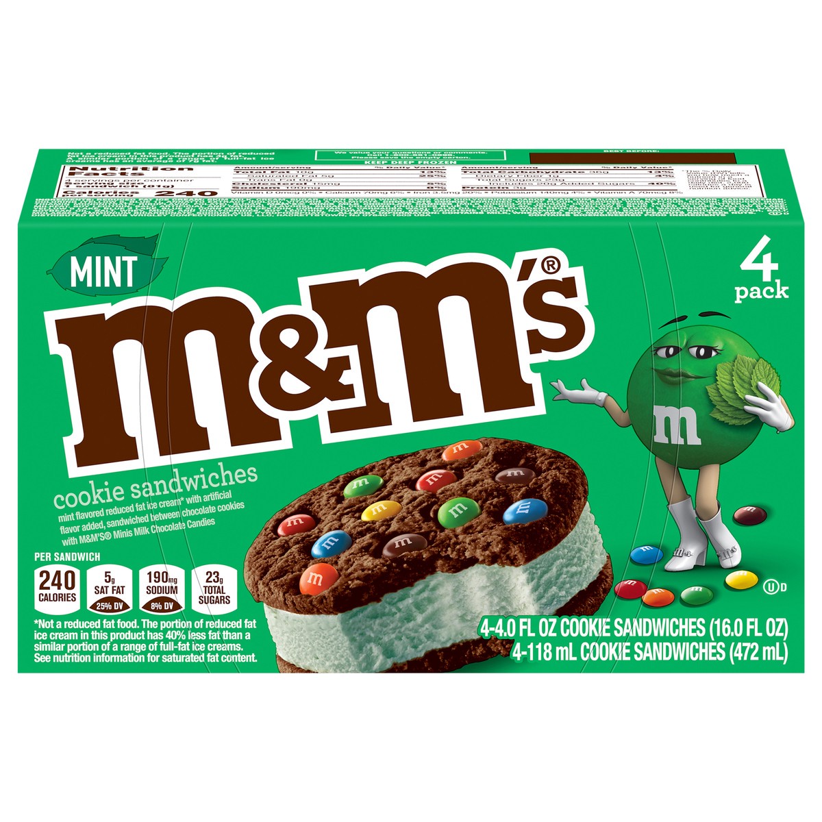 slide 1 of 4, M&M's Mint Ice Cream Cookie Sandwiches, 4 Ct Box, 16 fl oz