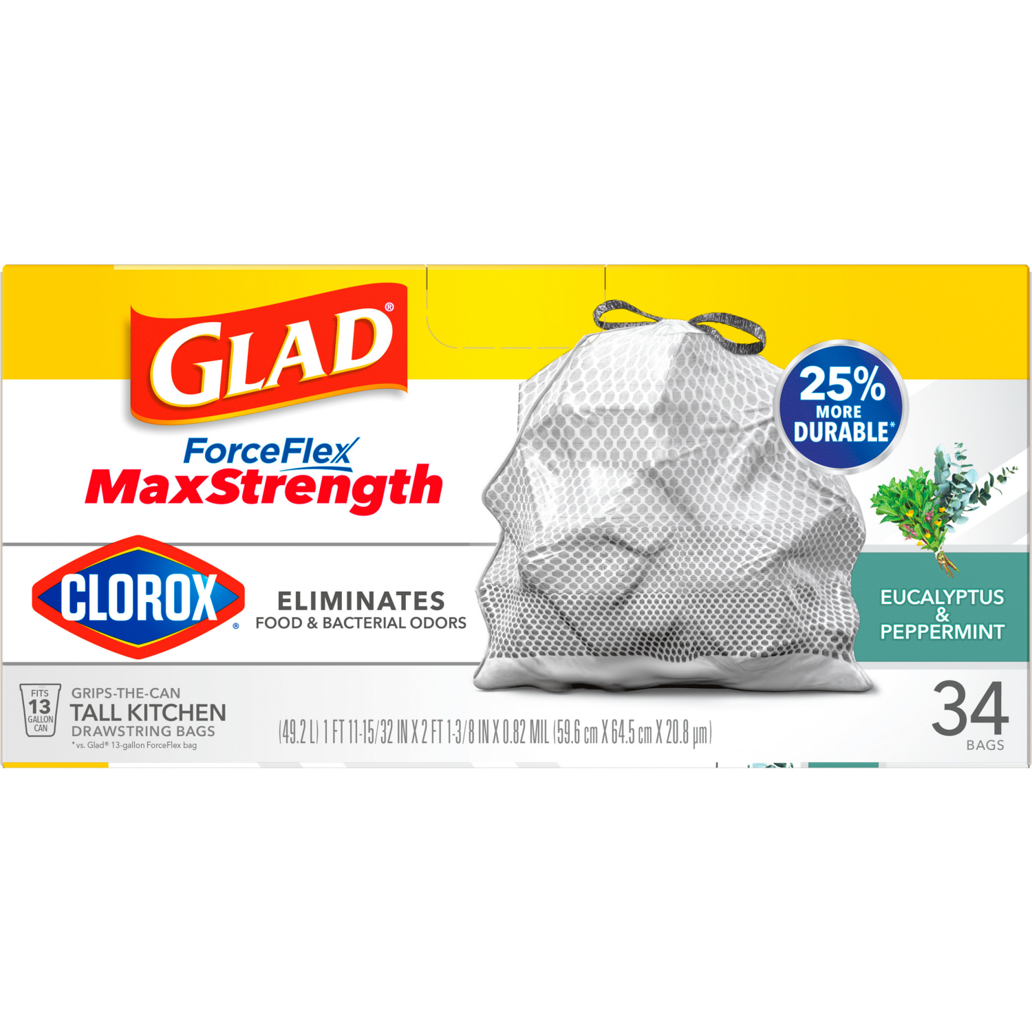 slide 3 of 8, Glad ForceFlexPlus with Clorox Tall Kitchen Eucalyptus Peppermint Trash Bags, 34 ct