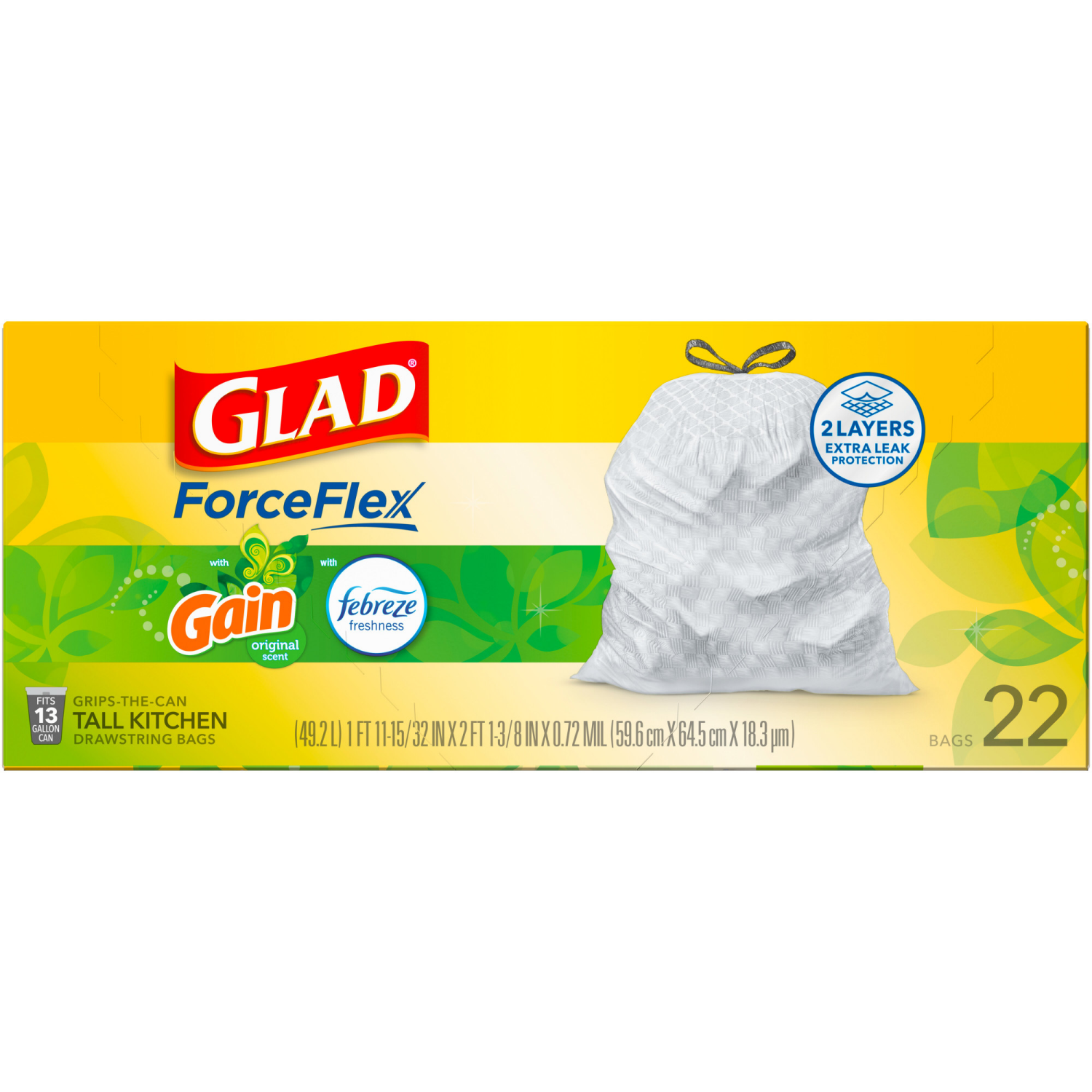 slide 3 of 8, Glad ForceFlex Tall Kitchen Drawstring Trash BagsGain Scent with Febreze, 22 ct