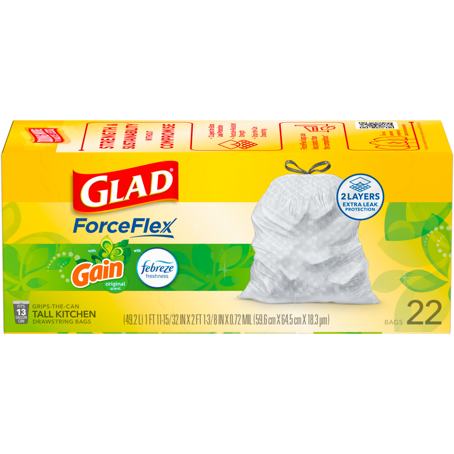 slide 6 of 8, Glad ForceFlex Tall Kitchen Drawstring Trash BagsGain Scent with Febreze, 22 ct