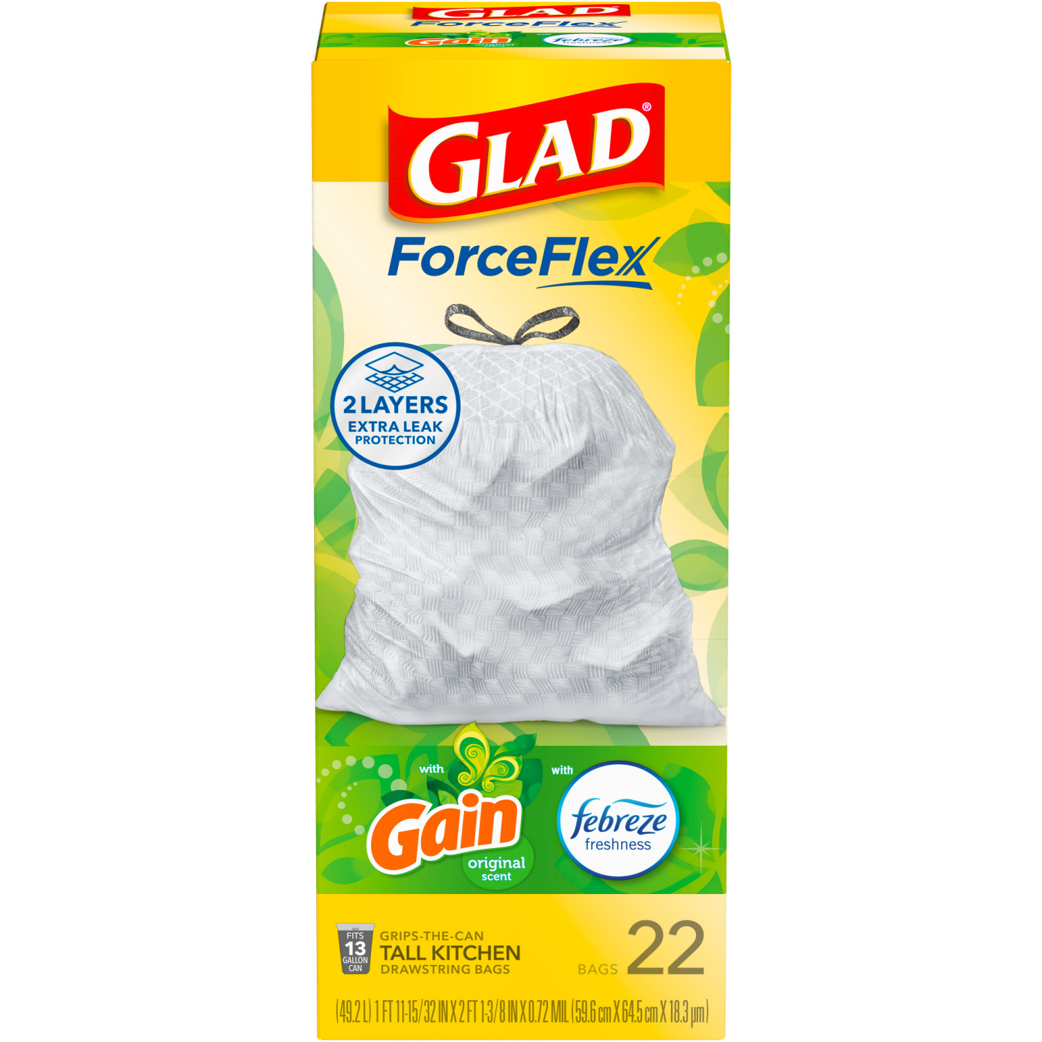 slide 6 of 8, Glad ForceFlex Tall Kitchen Drawstring Trash BagsGain Scent with Febreze, 22 ct