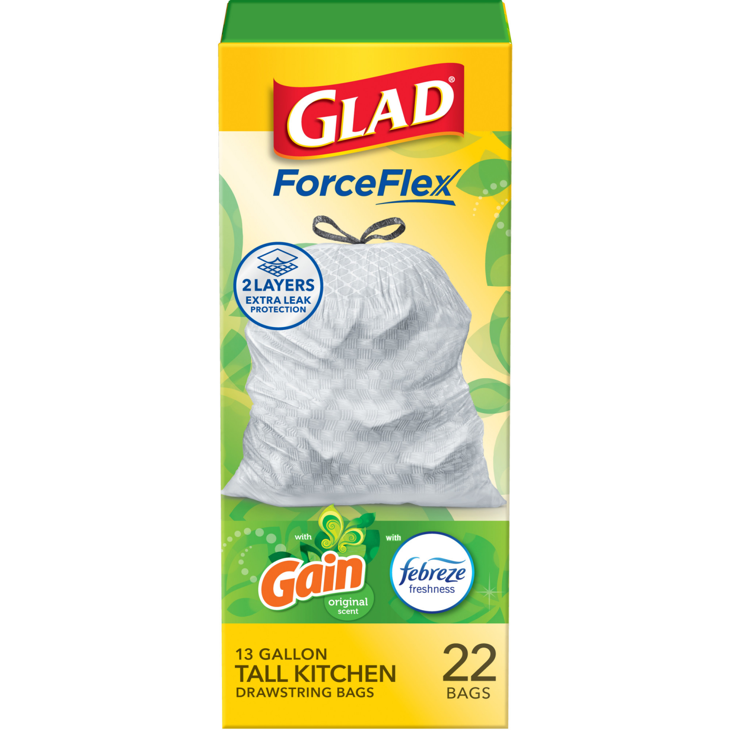 slide 1 of 8, Glad ForceFlex Tall Kitchen Drawstring Trash BagsGain Scent with Febreze, 22 ct