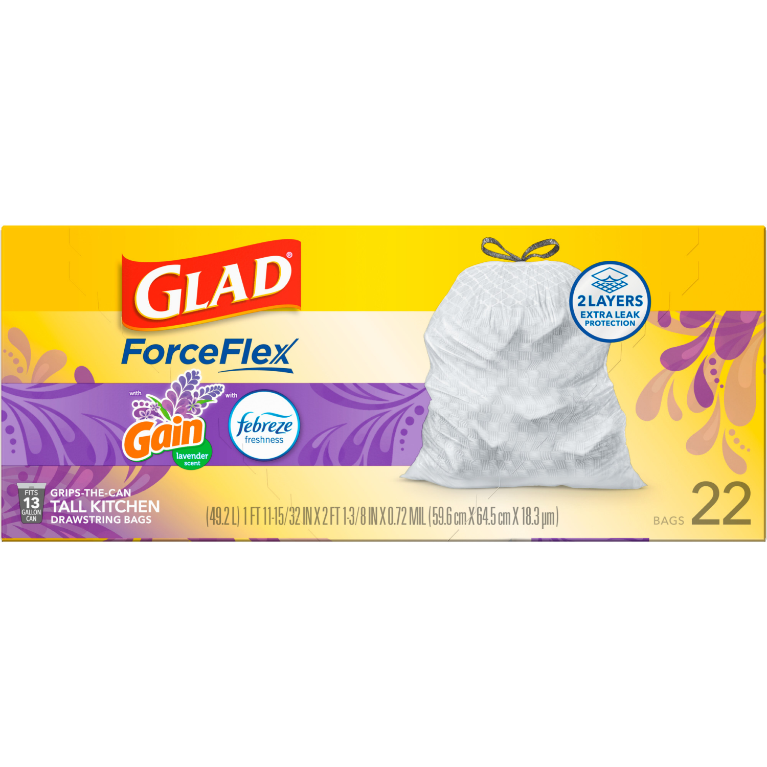 slide 3 of 8, Glad ForceFlex Tall Kitchen Trash BagsGain Lavender Scent with Febreze, 22 ct