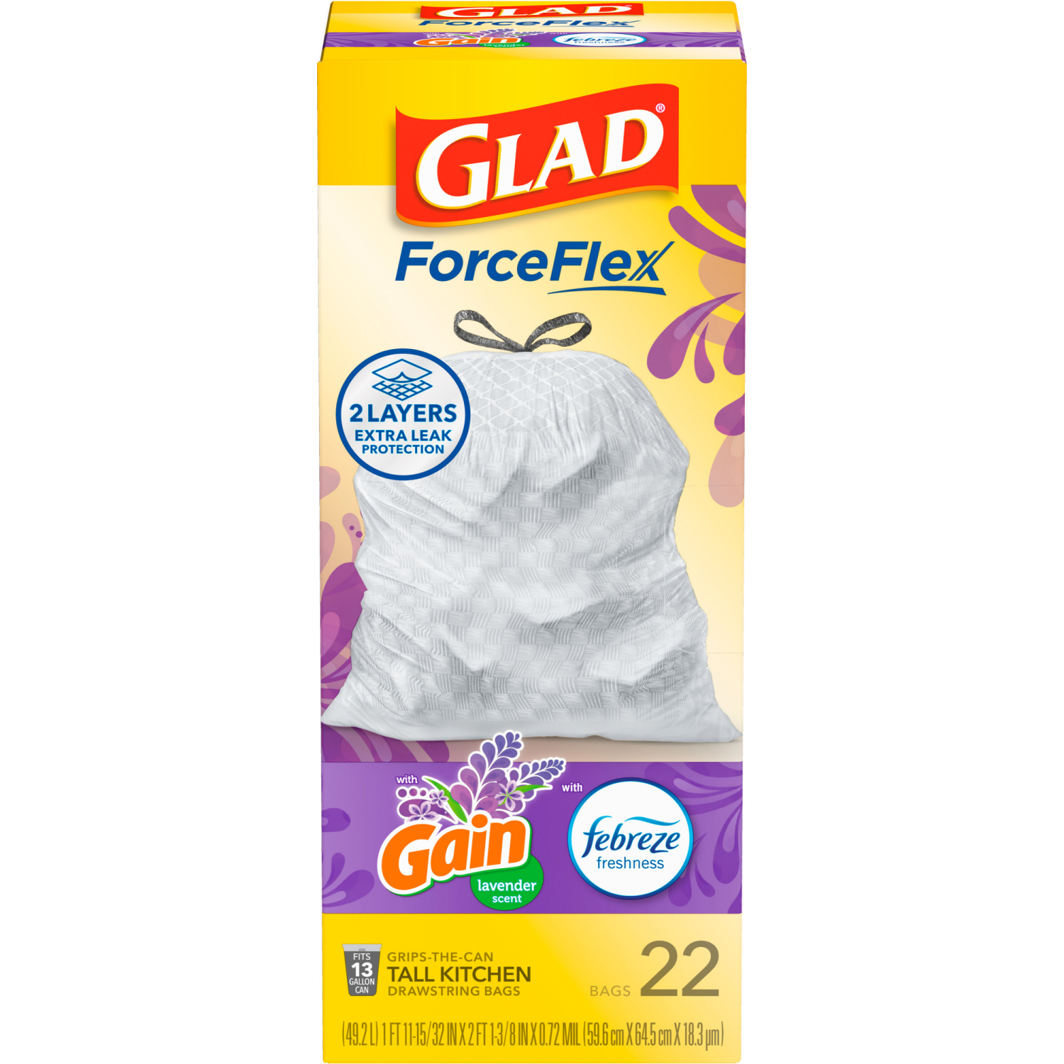 slide 6 of 8, Glad ForceFlex Tall Kitchen Trash BagsGain Lavender Scent with Febreze, 22 ct