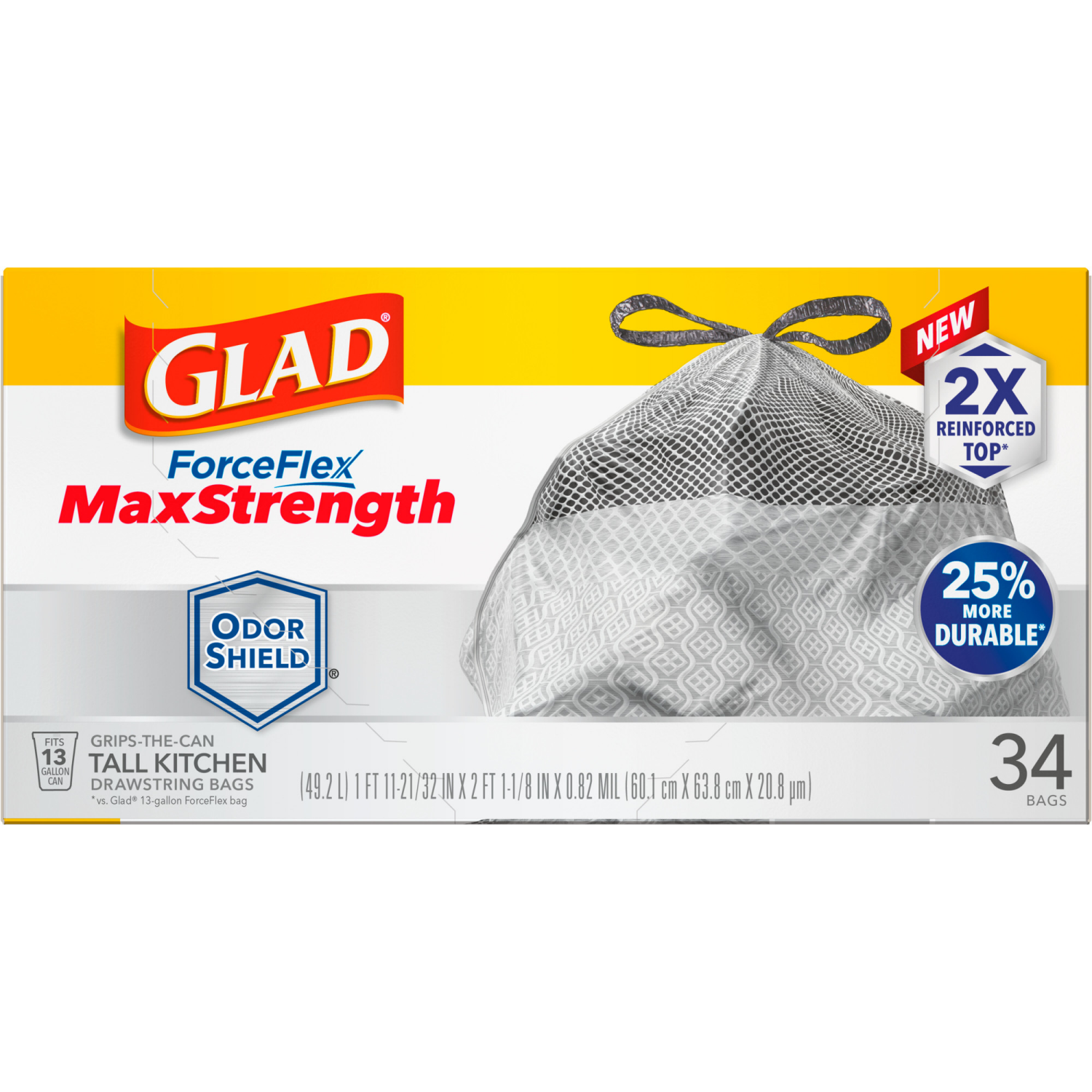 slide 3 of 8, Glad ForceFlex MaxStrength Tall Kitchen Drawstring Trash Bags, 13 Gallon, Odorshield, 34 Count, 34 ct