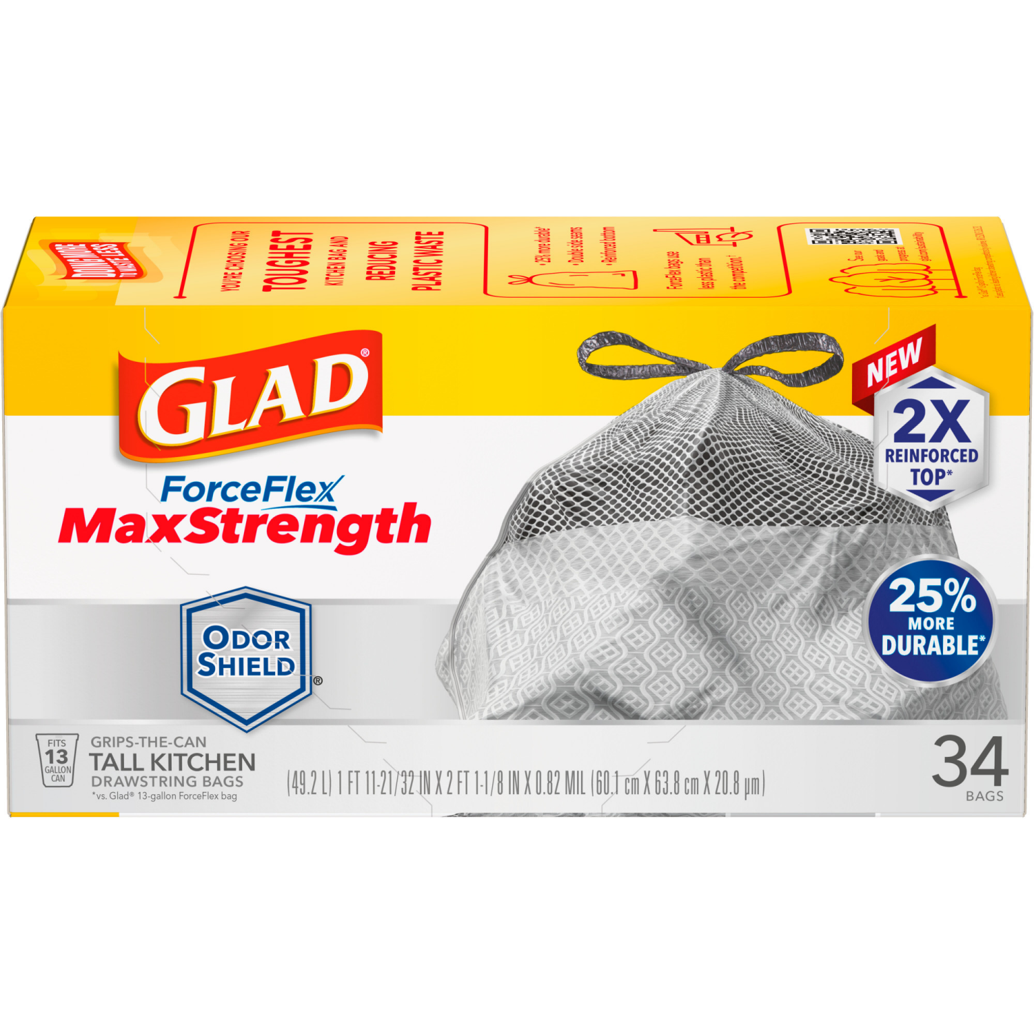 slide 6 of 8, Glad ForceFlex MaxStrength Tall Kitchen Drawstring Trash Bags, 13 Gallon, Odorshield, 34 Count, 34 ct