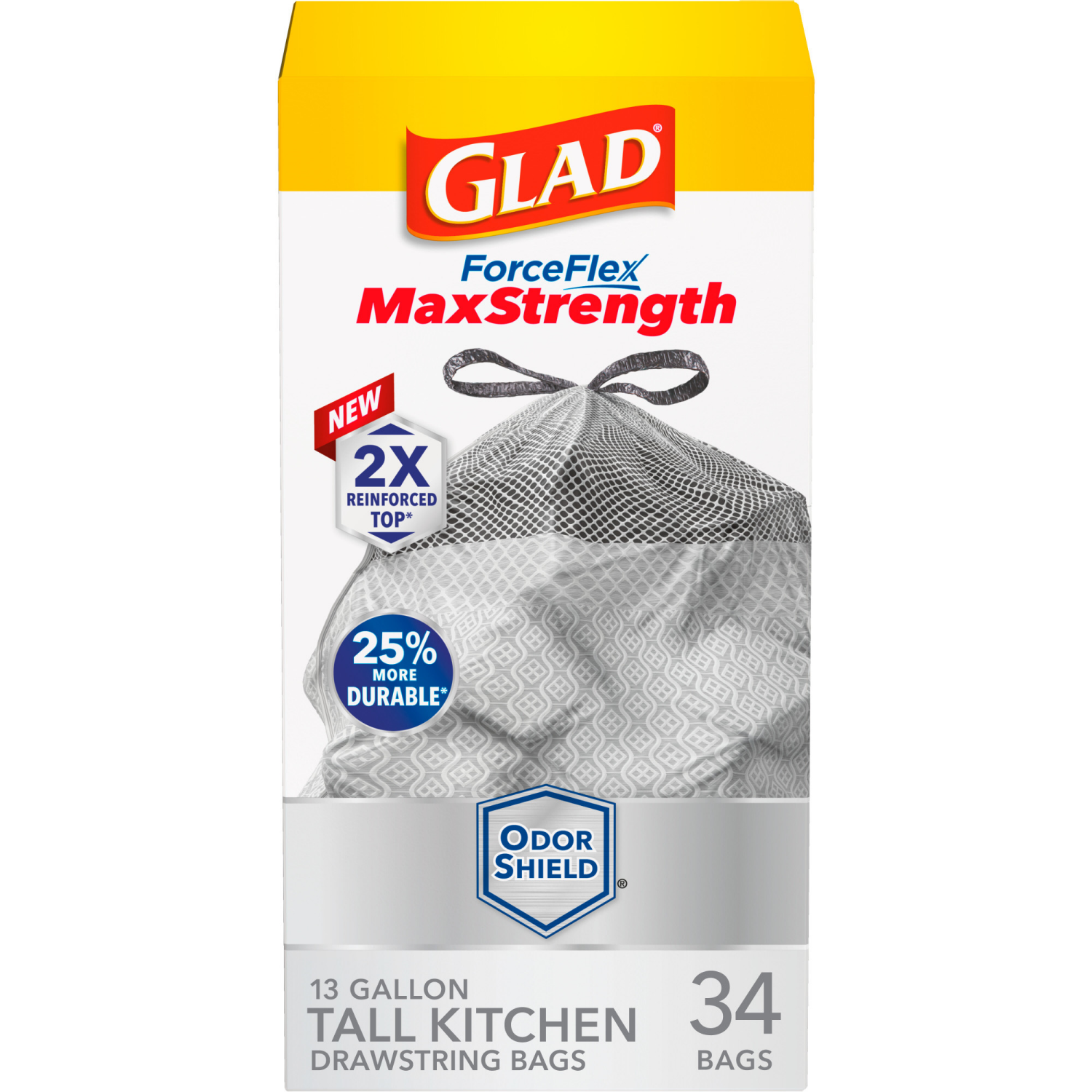slide 1 of 8, Glad ForceFlex MaxStrength Tall Kitchen Drawstring Trash Bags, 13 Gallon, Odorshield, 34 Count, 34 ct