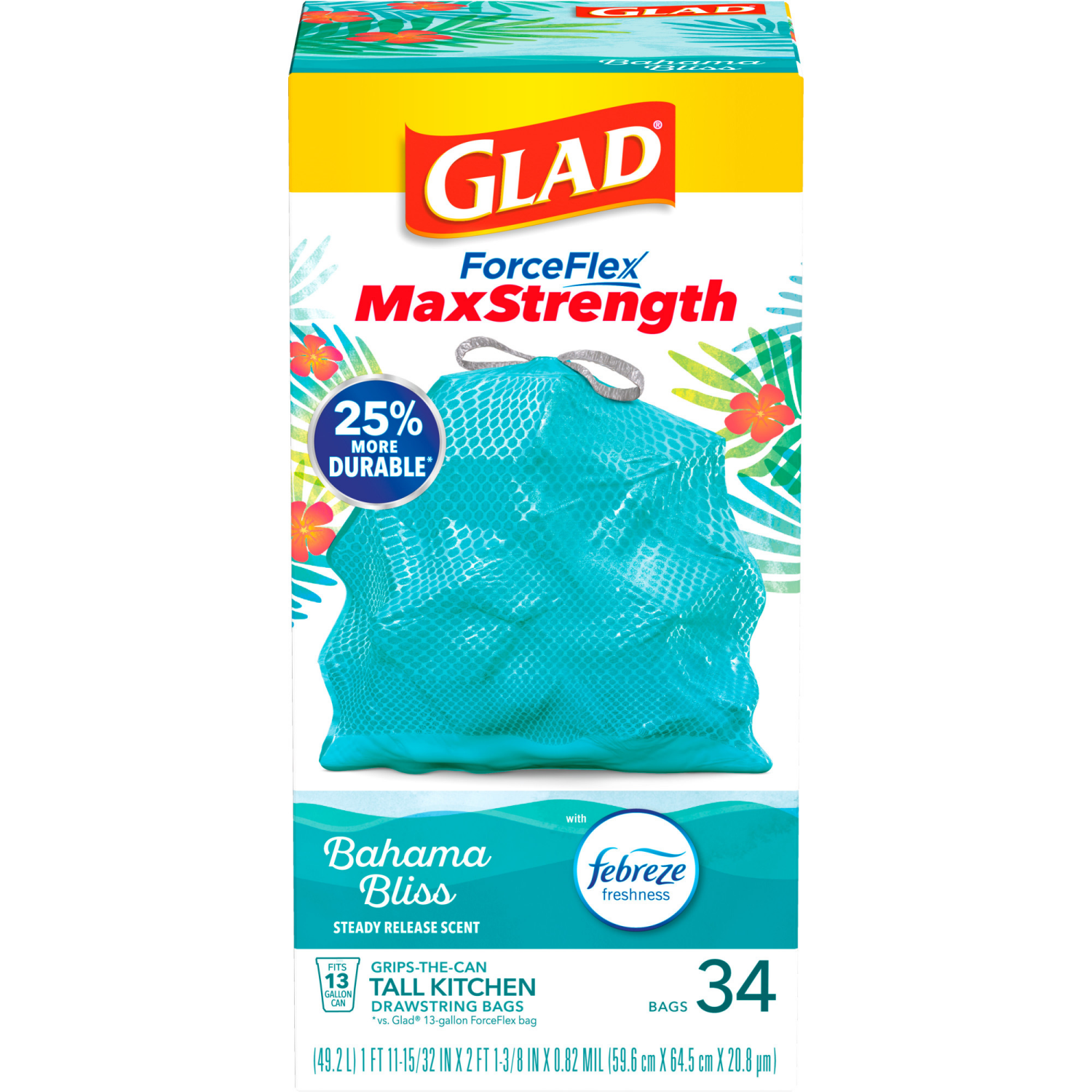 slide 6 of 8, Glad ForceFlex MaxStrength Scented Tall Kitchen Trash Bags, 13 Gallon, 34 Bags, 34 ct