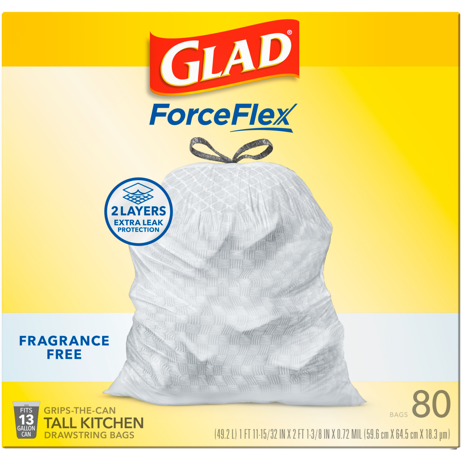 slide 2 of 8, Glad ForceFlex 13 Gallon Kitchen Drawstring Fragrance Free Bags Tall 80 ea, 80 ct