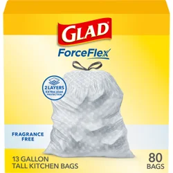 Glad ForceFlex 13 Gallon Kitchen Drawstring Fragrance Free Bags Tall 80 ea