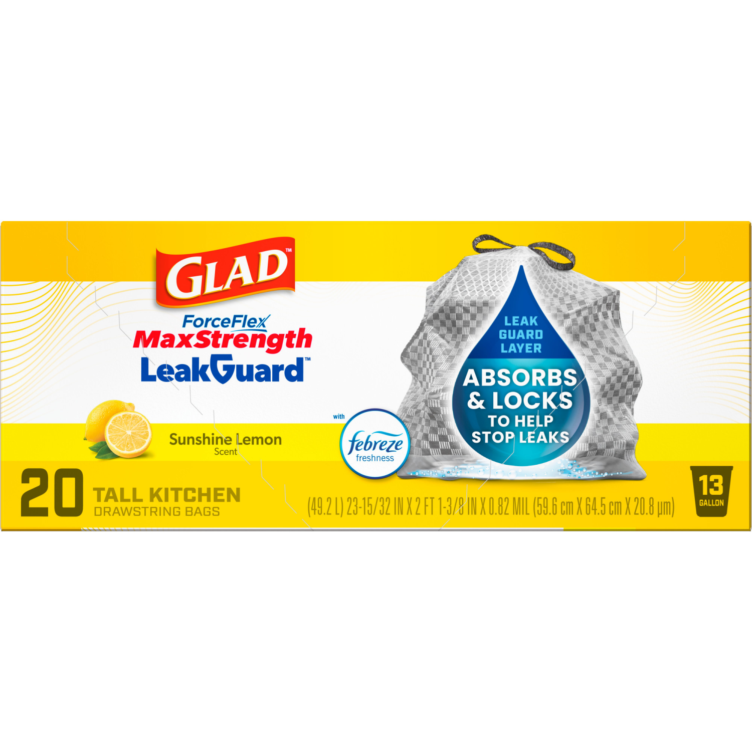 slide 3 of 8, Glad Forceflex Maxstrength Leakguard Tall Kitchen Trash Bags, 13 gal, Sunshine Lemon Scent, 20 ct, 13 gal, 20 ct
