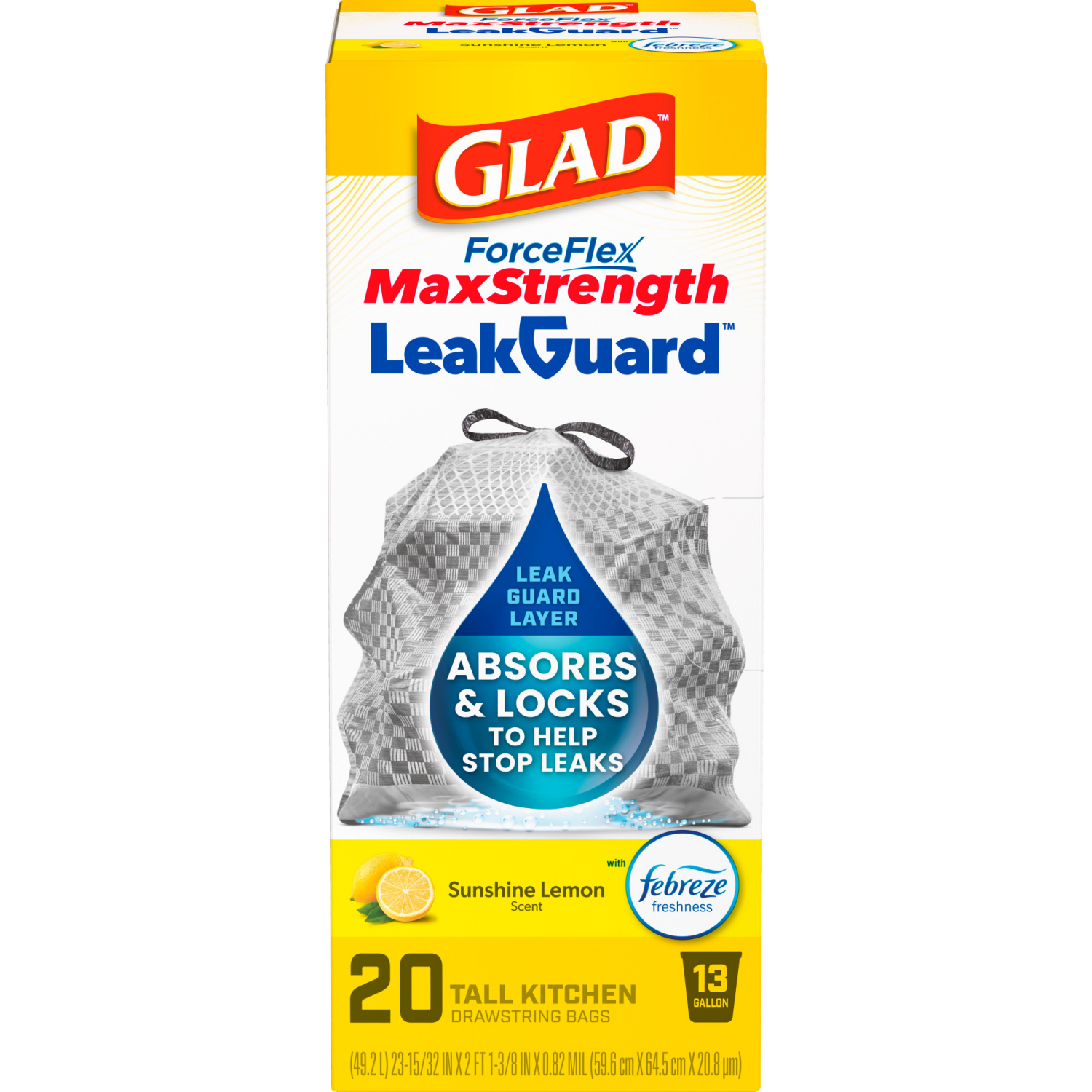 slide 6 of 8, Glad Forceflex Maxstrength Leakguard Tall Kitchen Trash Bags, 13 gal, Sunshine Lemon Scent, 20 ct, 13 gal, 20 ct