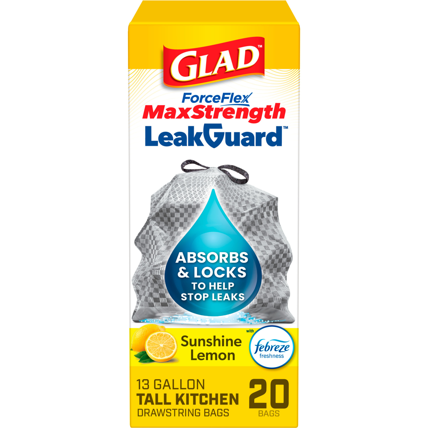 slide 1 of 8, Glad Forceflex Maxstrength Leakguard Tall Kitchen Trash Bags, 13 gal, Sunshine Lemon Scent, 20 ct, 13 gal, 20 ct