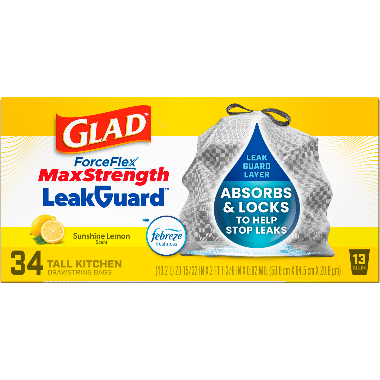slide 3 of 8, Glad ForceFlex LeakGuard Tall Kitchen Bags 13 Gallon Sunshine Lemon Scent, 34 ct