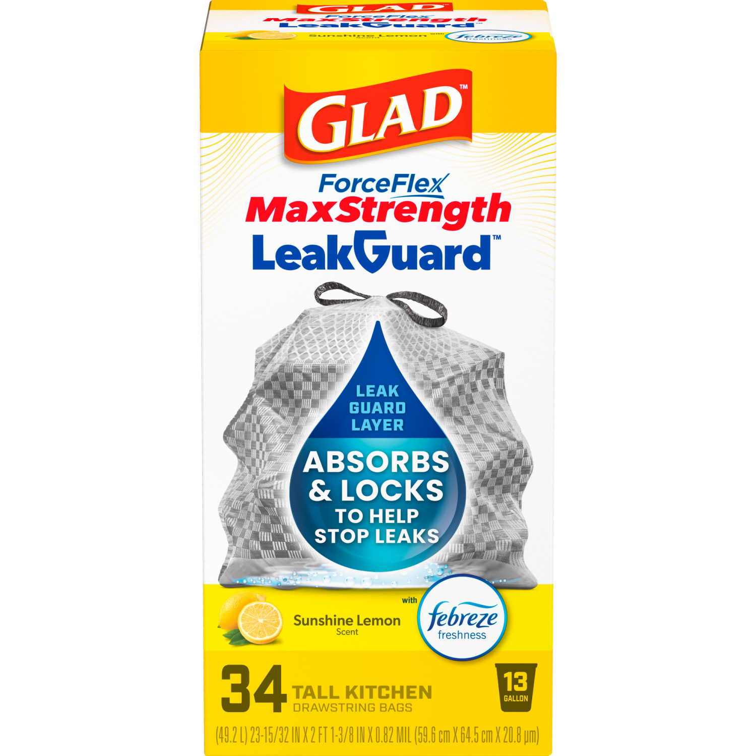 slide 6 of 8, Glad ForceFlex LeakGuard Tall Kitchen Bags 13 Gallon Sunshine Lemon Scent, 34 ct