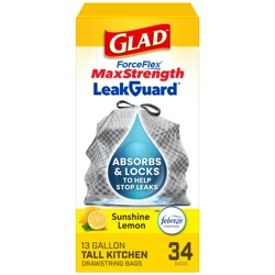 Glad ForceFlex LeakGuard Tall Kitchen Bags 13 Gallon Sunshine Lemon Scent