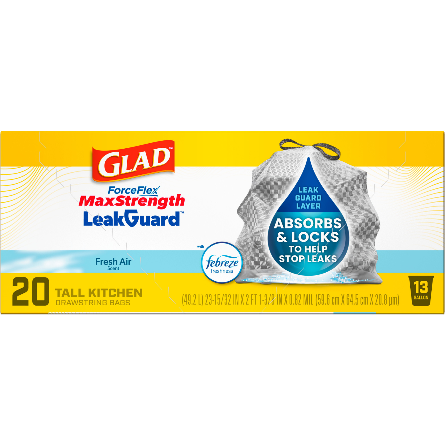 slide 3 of 8, Glad Forceflex Maxstrength Leakguard Tall Kitchen Trash Bags, 13 Gallon, Fresh Air, 20 Count, 13 gal, 20 ct