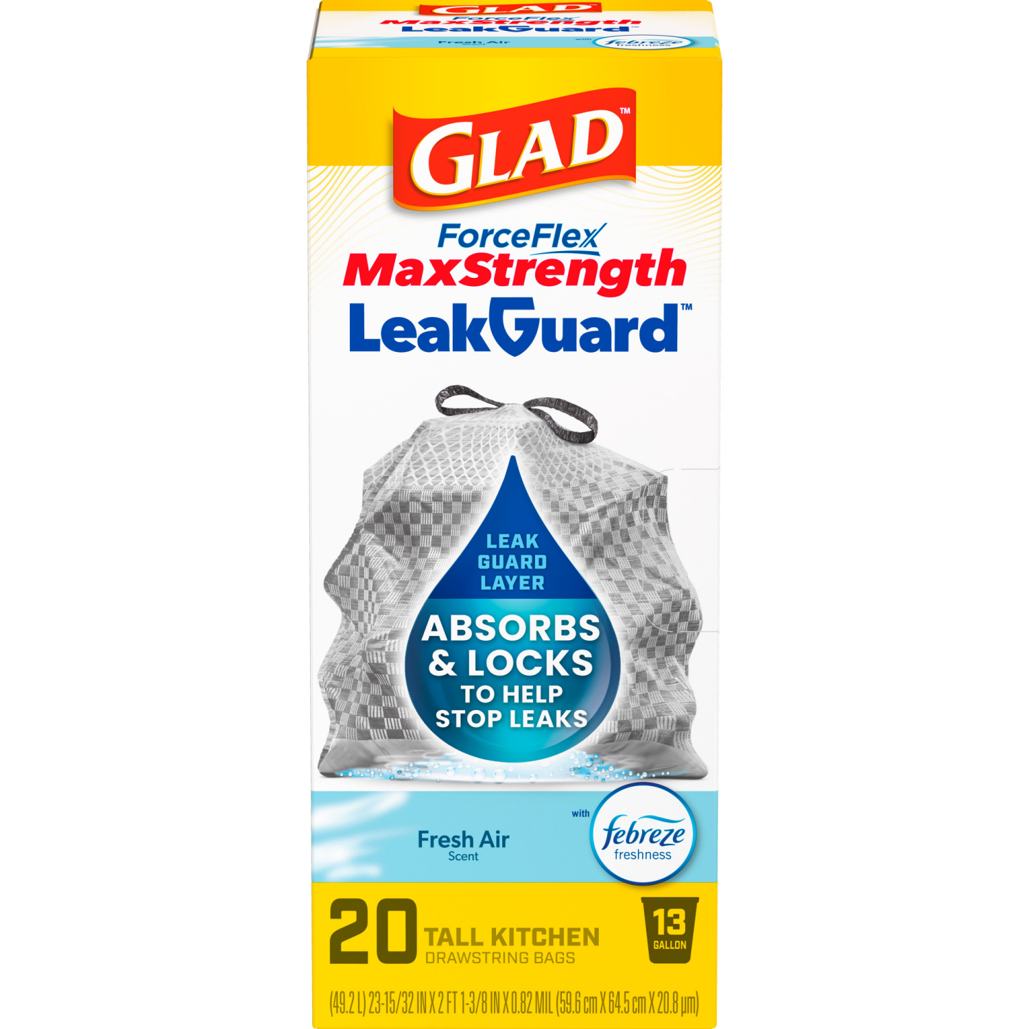 slide 6 of 8, Glad Forceflex Maxstrength Leakguard Tall Kitchen Trash Bags, 13 Gallon, Fresh Air, 20 Count, 13 gal, 20 ct