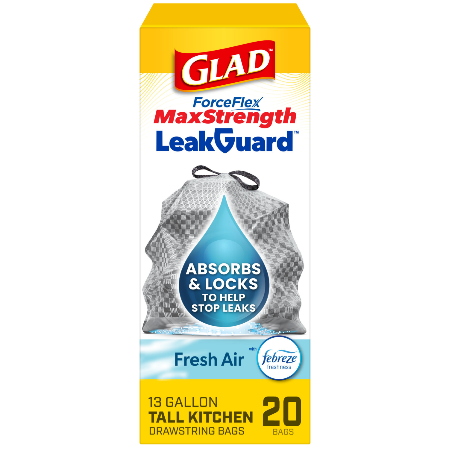slide 1 of 8, Glad Forceflex Maxstrength Leakguard Tall Kitchen Trash Bags, 13 Gallon, Fresh Air, 20 Count, 13 gal, 20 ct