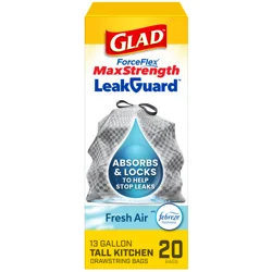 Glad Forceflex Maxstrength Leakguard Tall Kitchen Trash Bags, 13 Gallon, Fresh Air, 20 Count