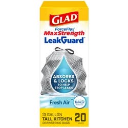 Glad Forceflex Maxstrength Leakguard Tall Kitchen Trash Bags, 13 Gallon, Fresh Air, 20 Count