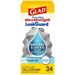 Glad Forceflex Maxstrength Leakguard Tall Kitchen Drawstring Bags, 13 Gallon, Fresh Air