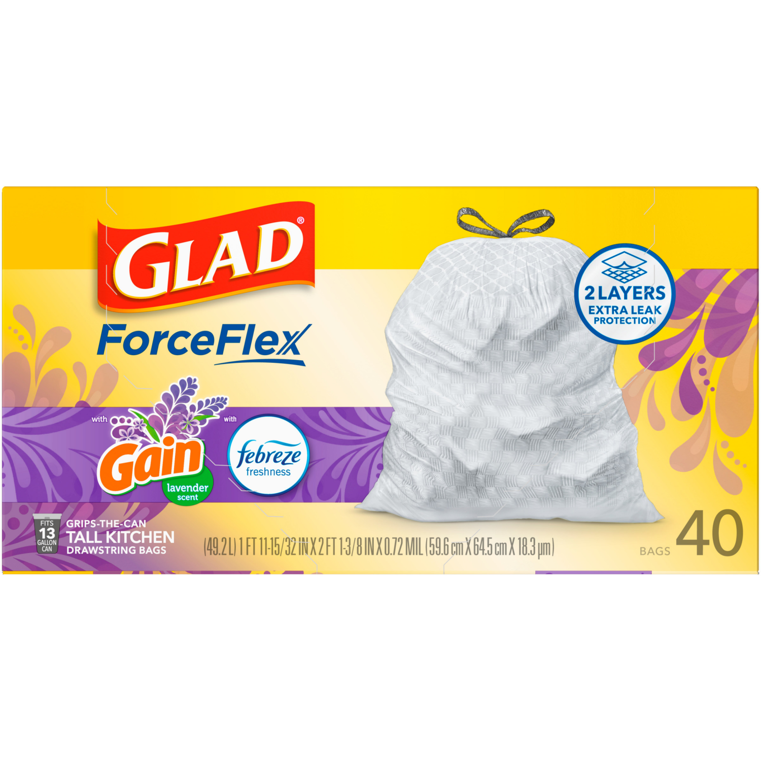 slide 3 of 8, Glad Force Flex Drawstring Gain Lavender Odor Shield 13 gal 40ct, 40 ct