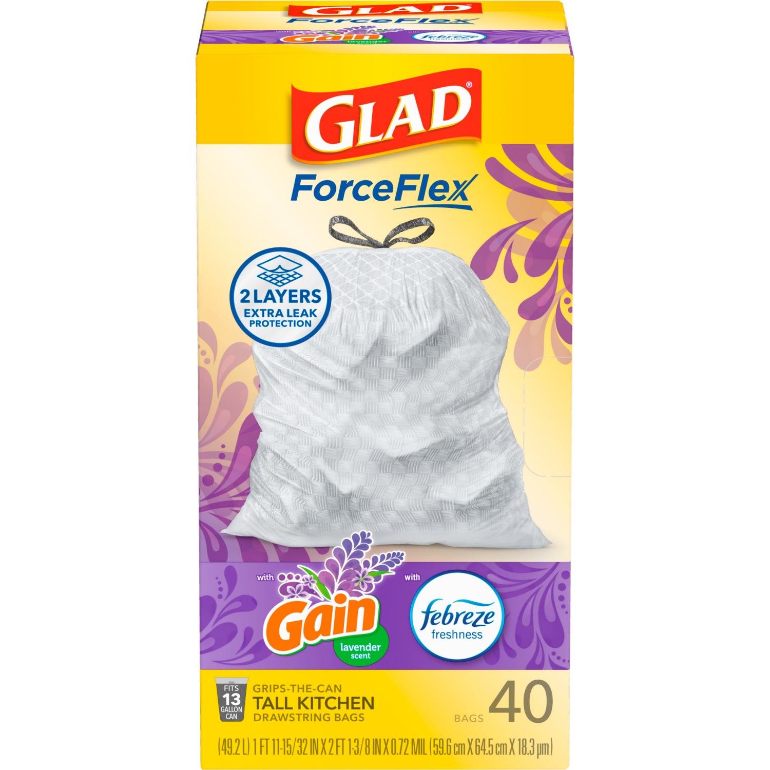 slide 1 of 8, Glad Force Flex Drawstring Gain Lavender Odor Shield 13 gal 40ct, 40 ct