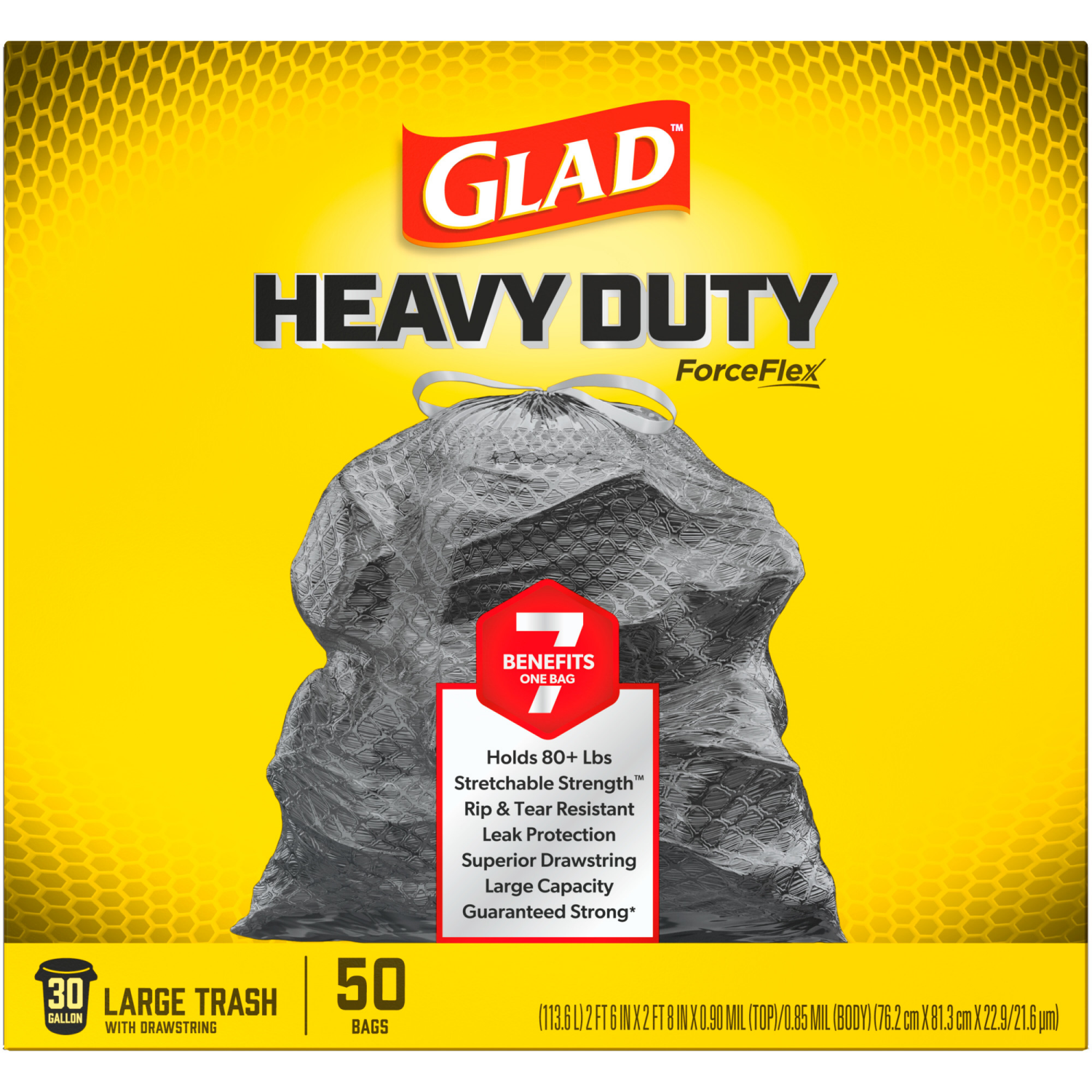 slide 2 of 8, Glad ForceFlexPlus Drawstring Large Trash Bags - 30 Gallon - 50 Count, 50 ct
