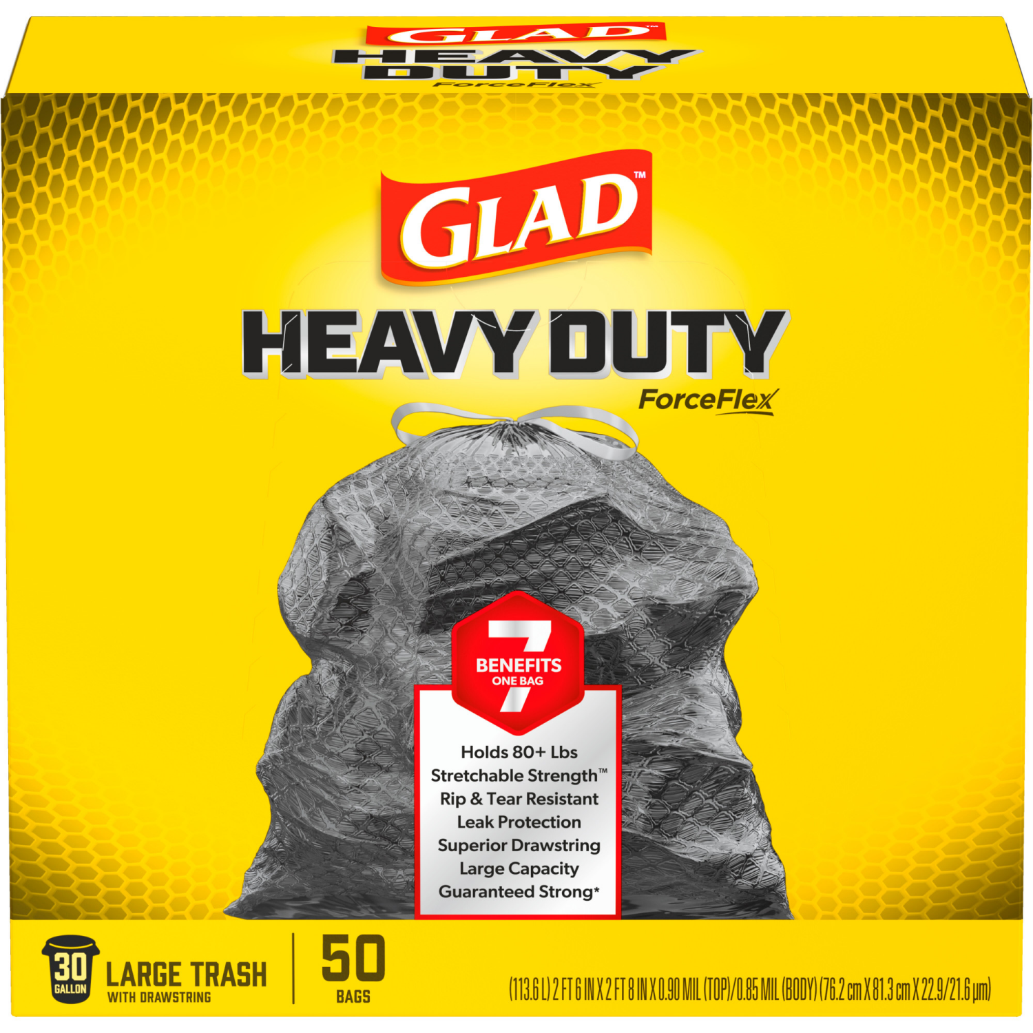 slide 6 of 8, Glad ForceFlexPlus Drawstring Large Trash Bags - 30 Gallon - 50 Count, 50 ct